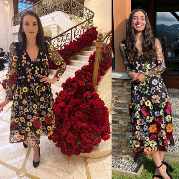 🌿 Black Multi-Color 3D Floral Embroidered LongSleeve Midi Dress 🌿 - Picture 4 of 11